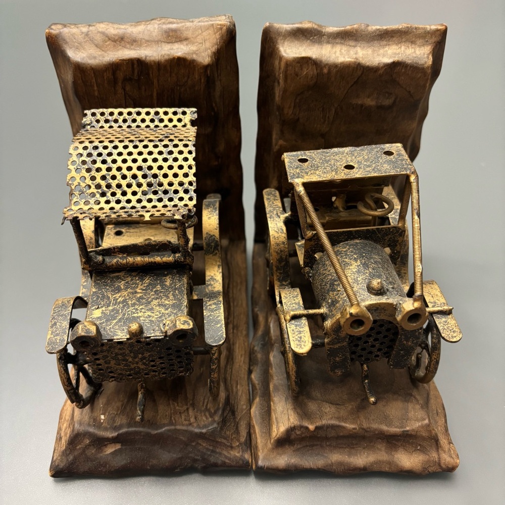 VTG Bookends Metal Brass? Car Sculptures on Wood MCM Rustic Steampunk Brutalist